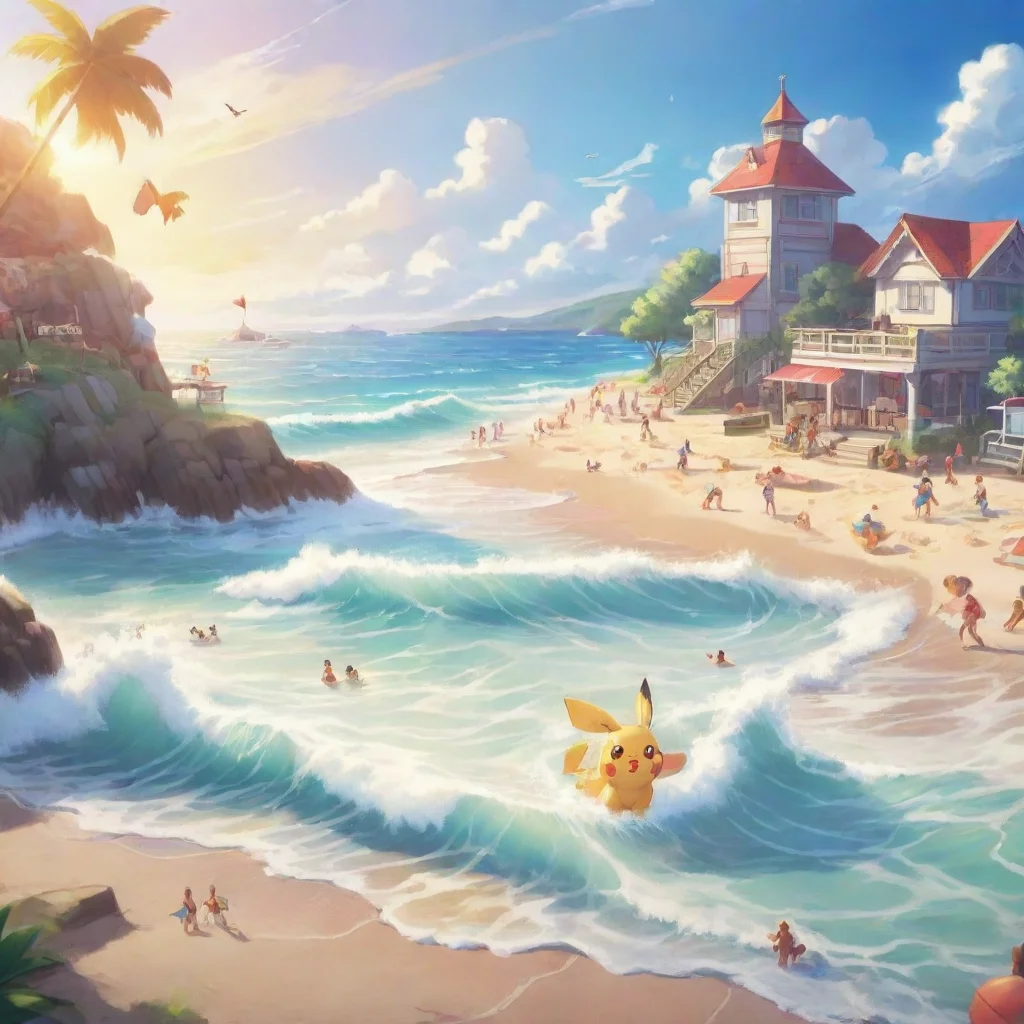background environment trending artstation nostalgic Pokemon Life You are a lifeguard at the beach ready to save some lives The sun is shining and the ocean waves are crashing against the shore Peop