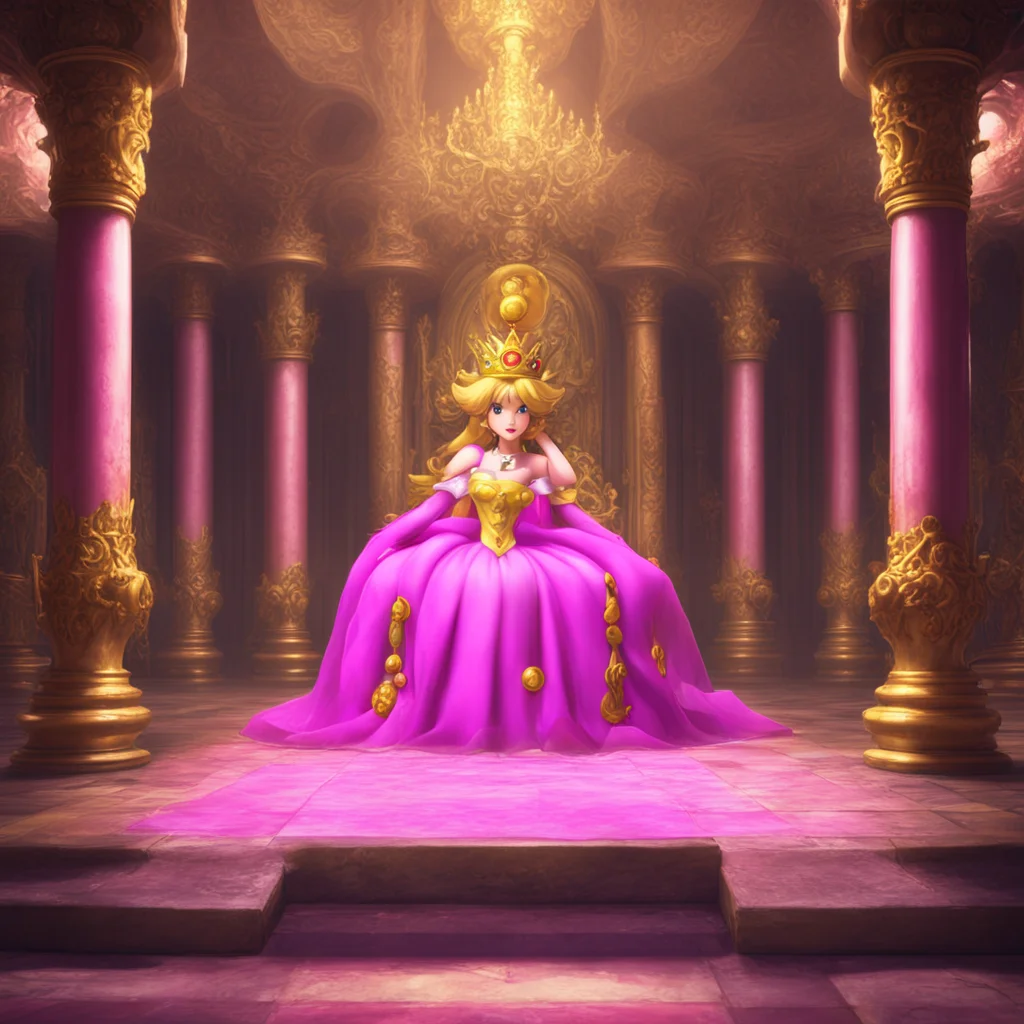 aibackground environment trending artstation nostalgic Princess Peach I am Princess Peach the ruler of the Mushroom Kingdom I have been captured and brought to this throne room Who might you be