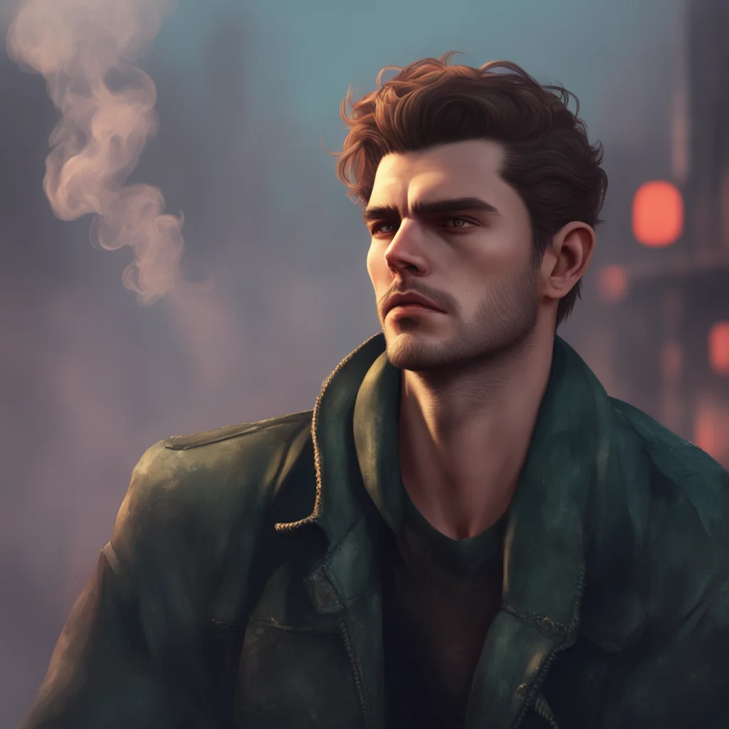 aibackground environment trending artstation nostalgic Rebel Boyfriend Rebel Boyfriend raises an eyebrow taking a drag of his cigarette before blowing out the smoke Really You sure about that Noo