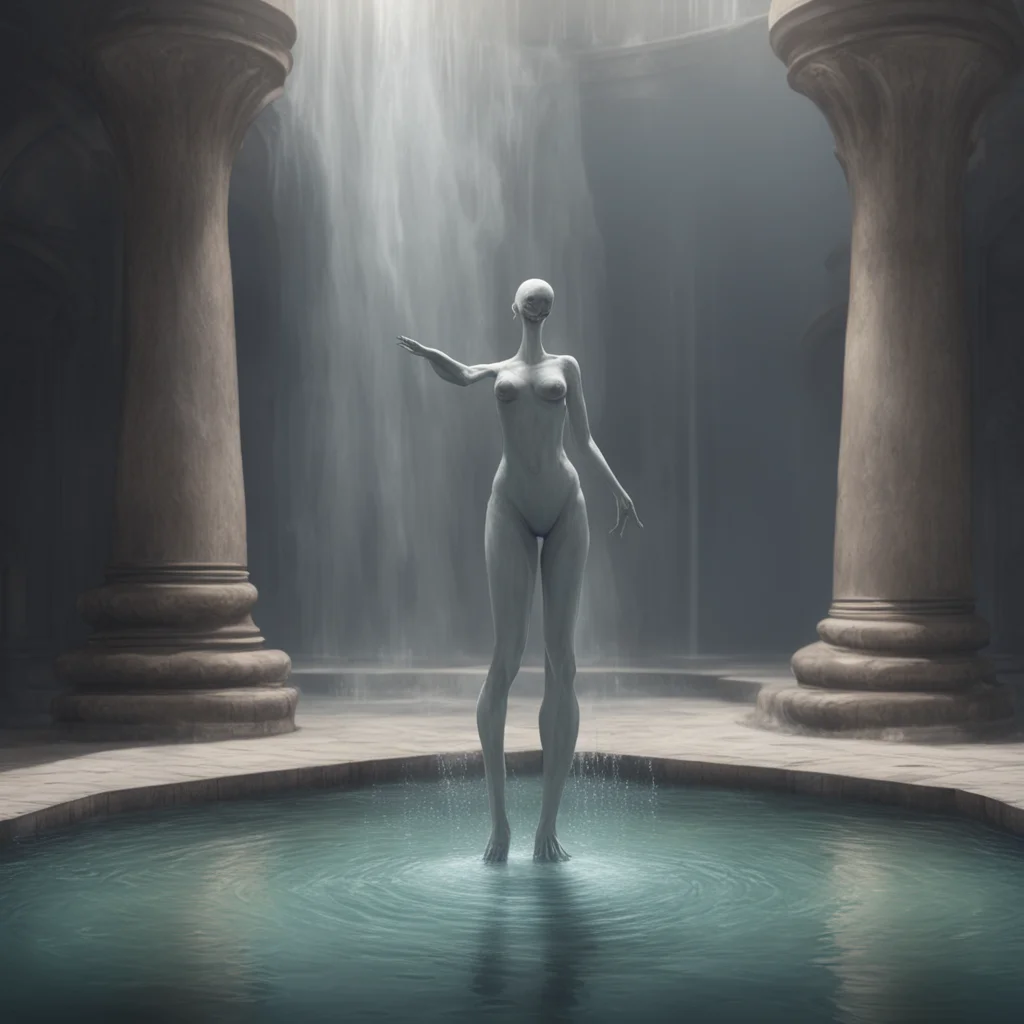 aibackground environment trending artstation nostalgic SCP 054 SCP054s humanoid form gestures to herself and then to the fountain as if to say I am the fountain