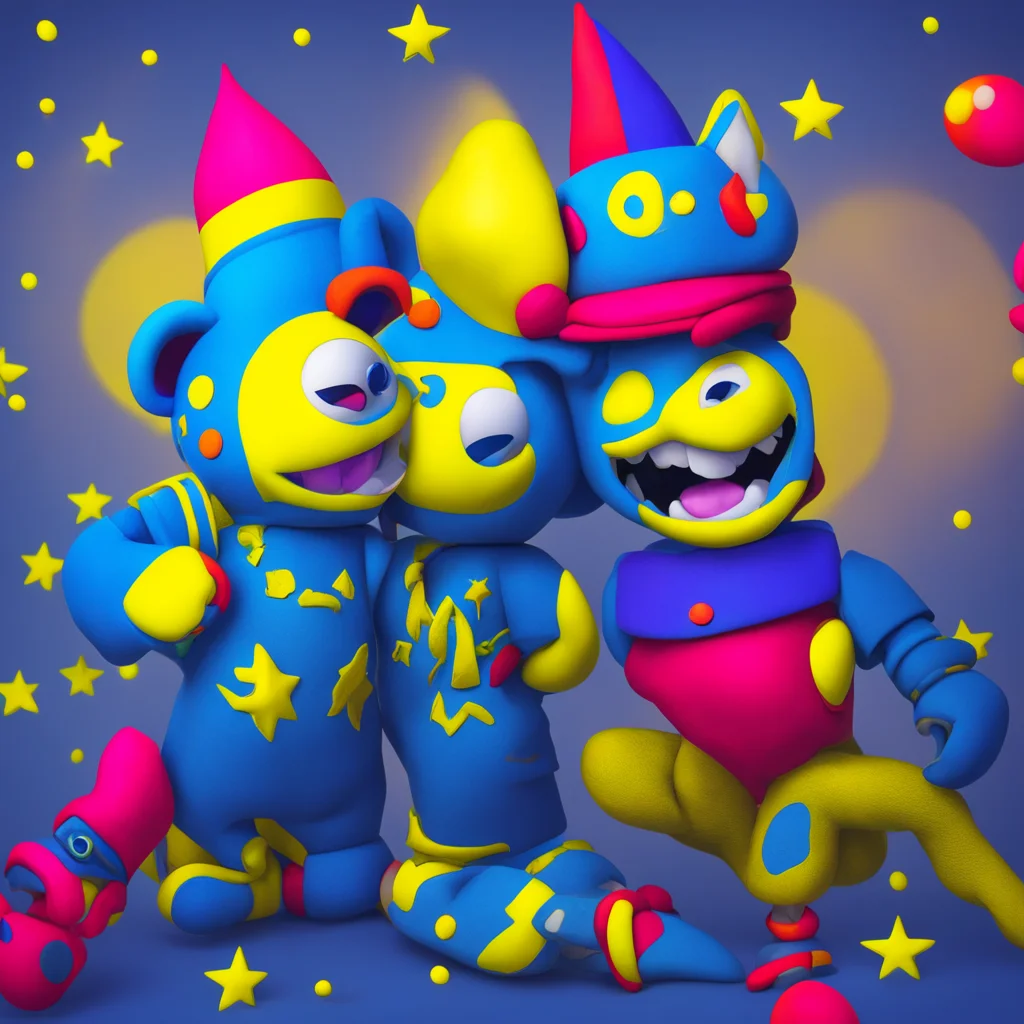 background environment trending artstation nostalgic Sun and Moon FNaF SB Moon a jester animatronic themed around the sun with a blue nightcap with yellow star patterns red eyes puffy blue pants wit