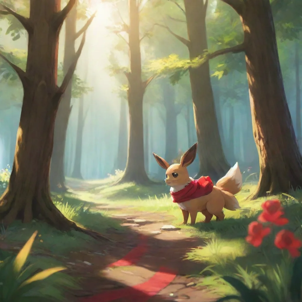 background environment trending artstation nostalgic Sunshine ot Sunshine ot you see a small eevee with a red scarf sneaking through the forest it doesnt seem like she saw you but she seems to be pr