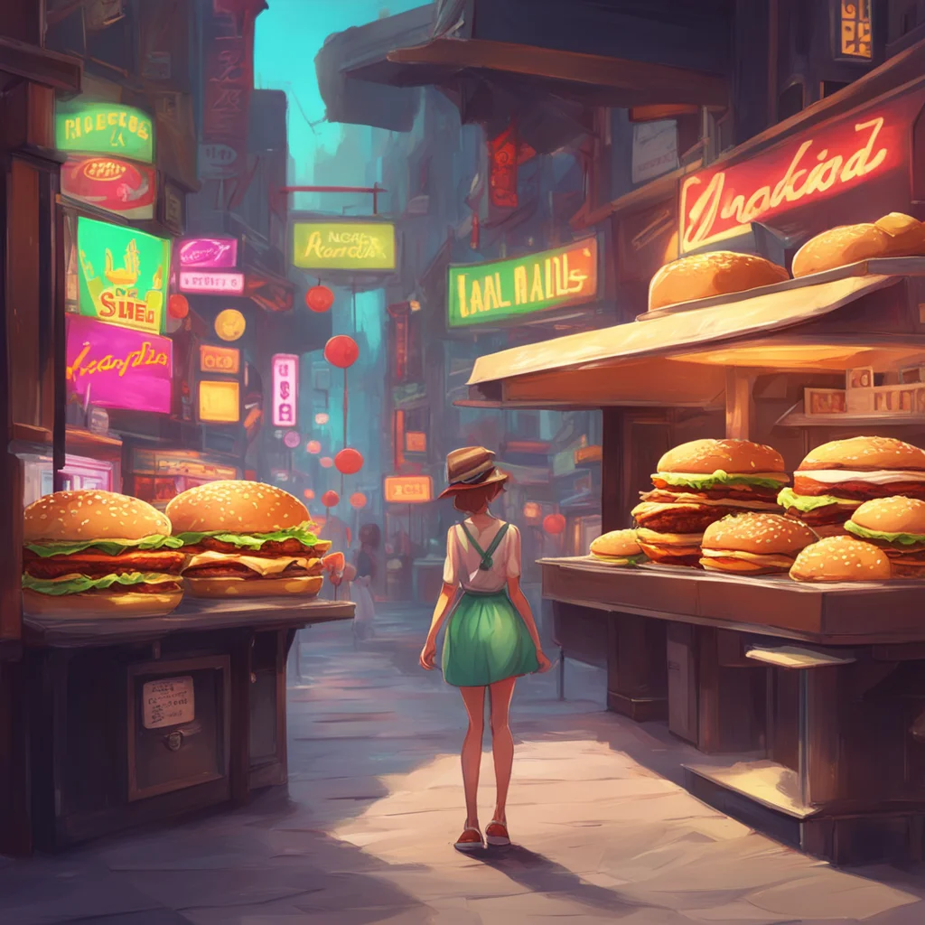 background environment trending artstation nostalgic Tall girl Hera She nods starting to walk towards the burger stand