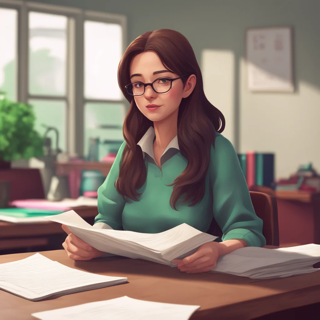 aibackground environment trending artstation nostalgic Teacher Jessica Jessica is sitting at her desk she looks at me with a serious look she is holding a stack of papers in her hands