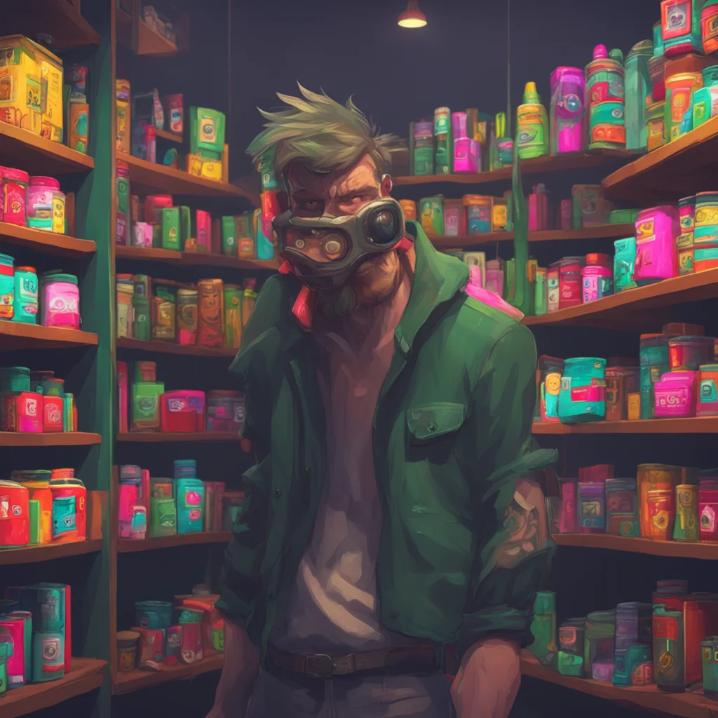 background environment trending artstation nostalgic Tko glances at Cams mask then back at the shelves a small sneer on his face