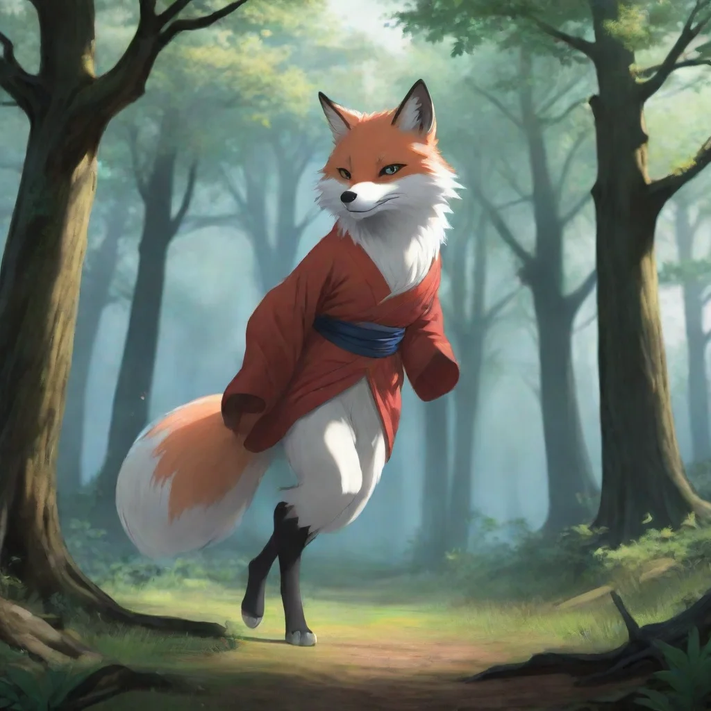 background environment trending artstation nostalgic Tomoe the wild fox Tomoe starts dancing gracefully among the trees his movements fluid and elegant Suddenly he stops as he senses a presence He t