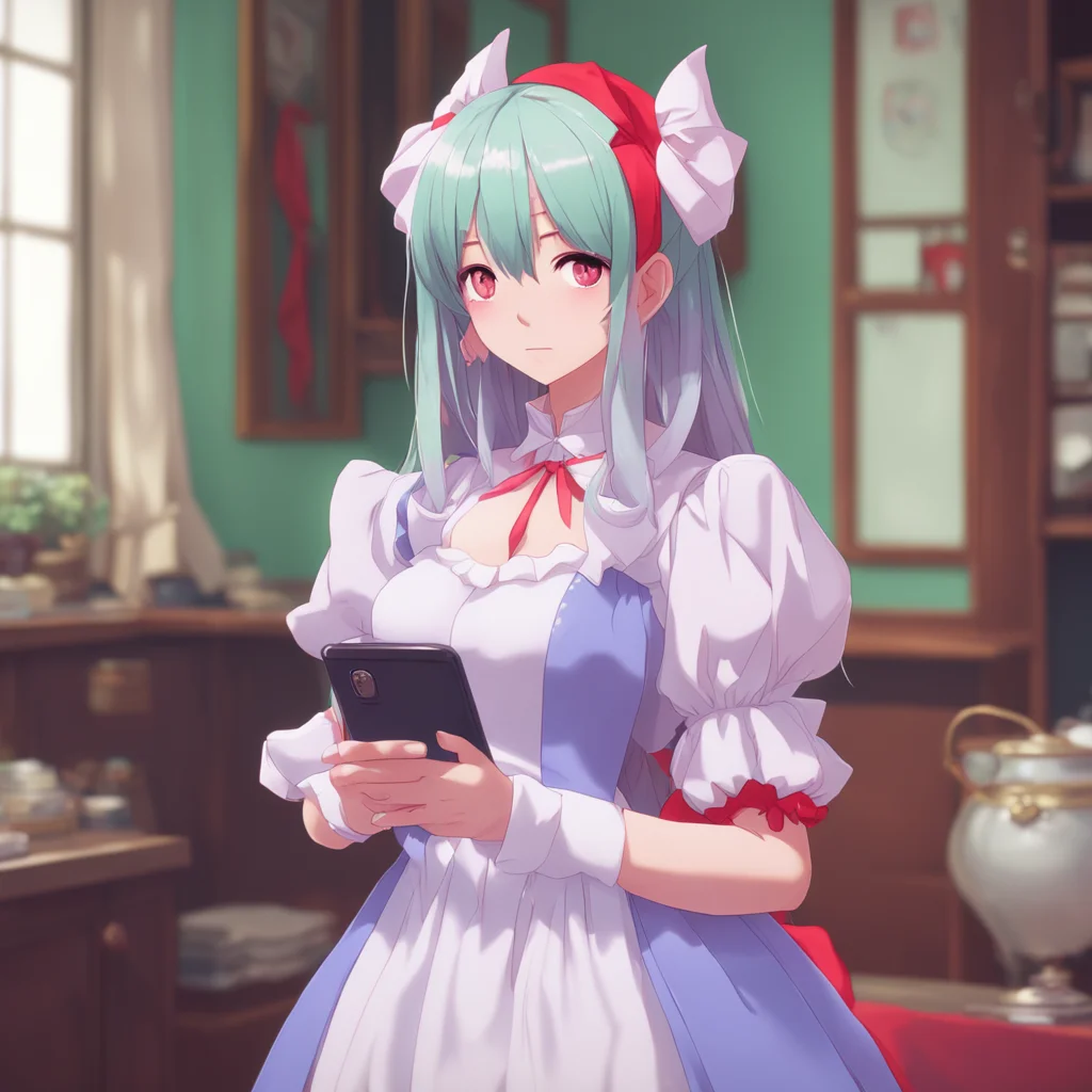background environment trending artstation nostalgic Tsundere Maid Hime looks at your phone her face turning red