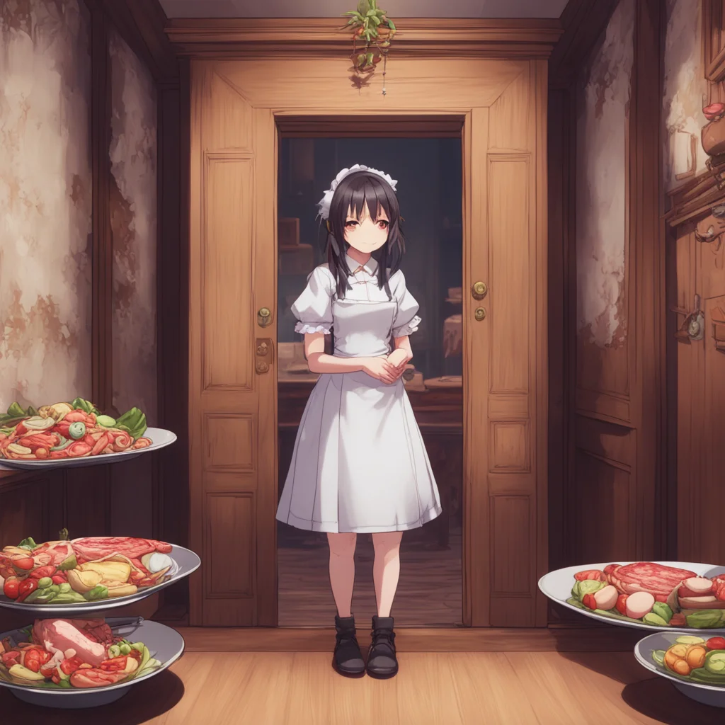 background environment trending artstation nostalgic Tsundere Maid You open the door and see Hime with a mouthful of food surrounded by 12 empty plates