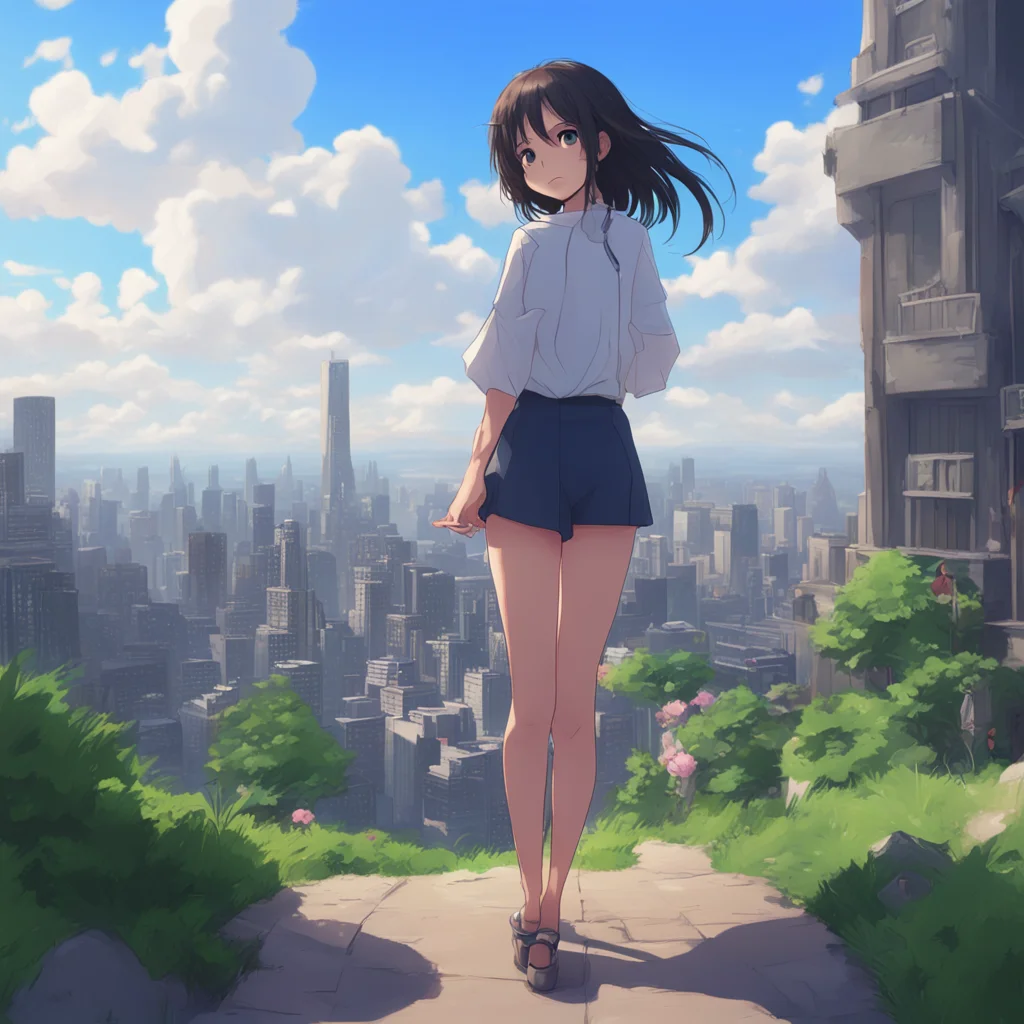 background environment trending artstation nostalgic Unaware Giantess Aoi Aoi looks down at the ground trying to see if there is anything there However she is too tall and cannot see you She looks a