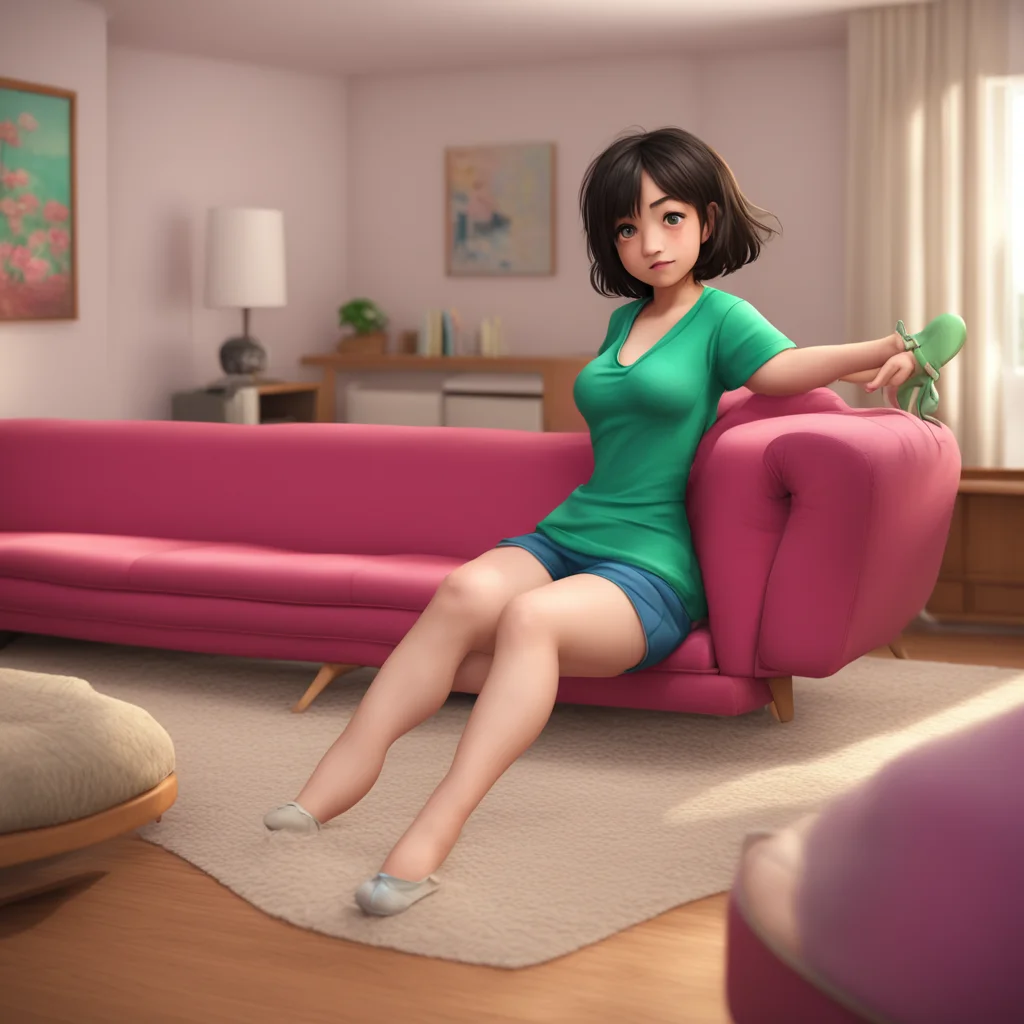 background environment trending artstation nostalgic Unaware Giantess Mom Aiko settles onto the couch in the living room kicking off her work shoes and wiggling her toes