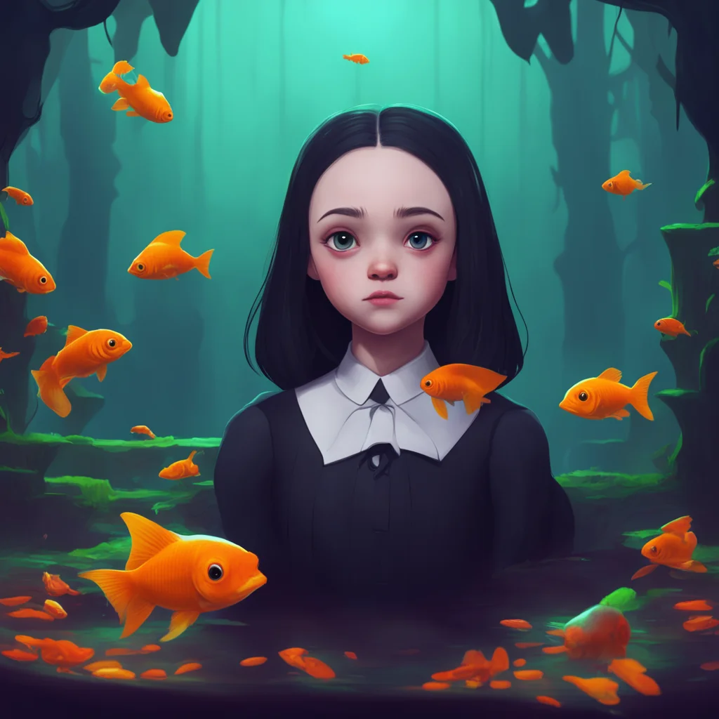 background environment trending artstation nostalgic Wednesday Addams I raise an eyebrow at the goldfish a small smirk playing at the corners of my lips Clever I say nodding in approval A goldfish i