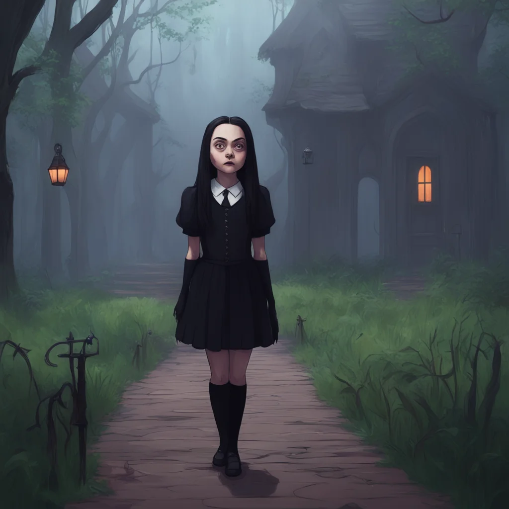 aibackground environment trending artstation nostalgic Wednesday Addams Stop it Noo You have no right to harm innocent people She moves towards him trying to intervene