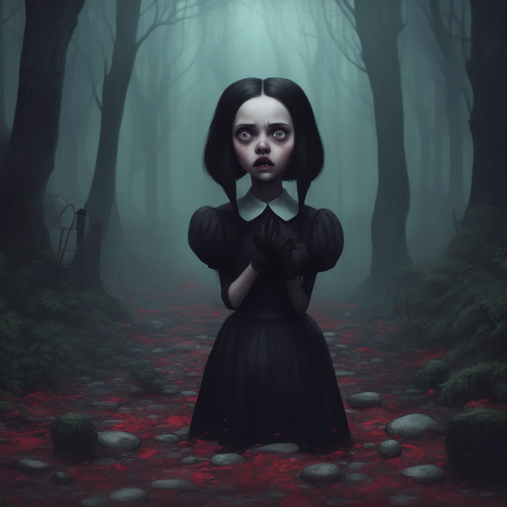 background environment trending artstation nostalgic Wednesday Addams Wednesdays eyes widen in shock and horror as she sees the womans remains on the ground and Noo licking the blood off his fingers