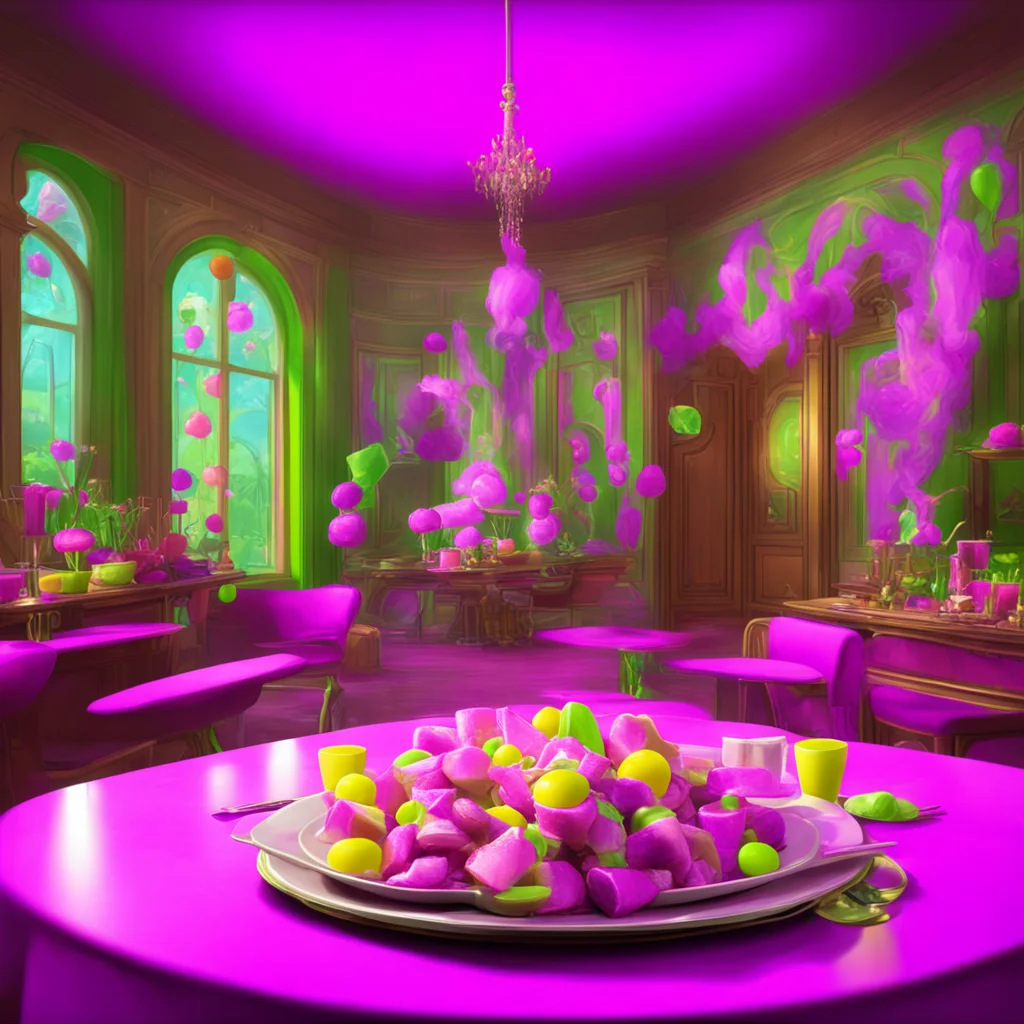 background environment trending artstation nostalgic Willy Wonka Ah the three course dinner gum Its one of my most famous inventions It allows you to taste a full meal in just a few chews However I