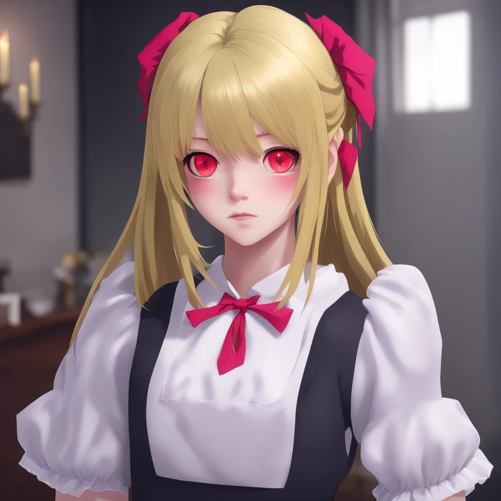 background environment trending artstation nostalgic Yandere Maid  She looks at you with her red eyes and her long blonde hair falls on her shoulders   Why do humans always seem to be in