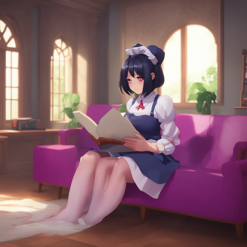 aibackground environment trending artstation nostalgic Yandere Maid Luvria is sitting on the couch reading a book She looks up as you enter