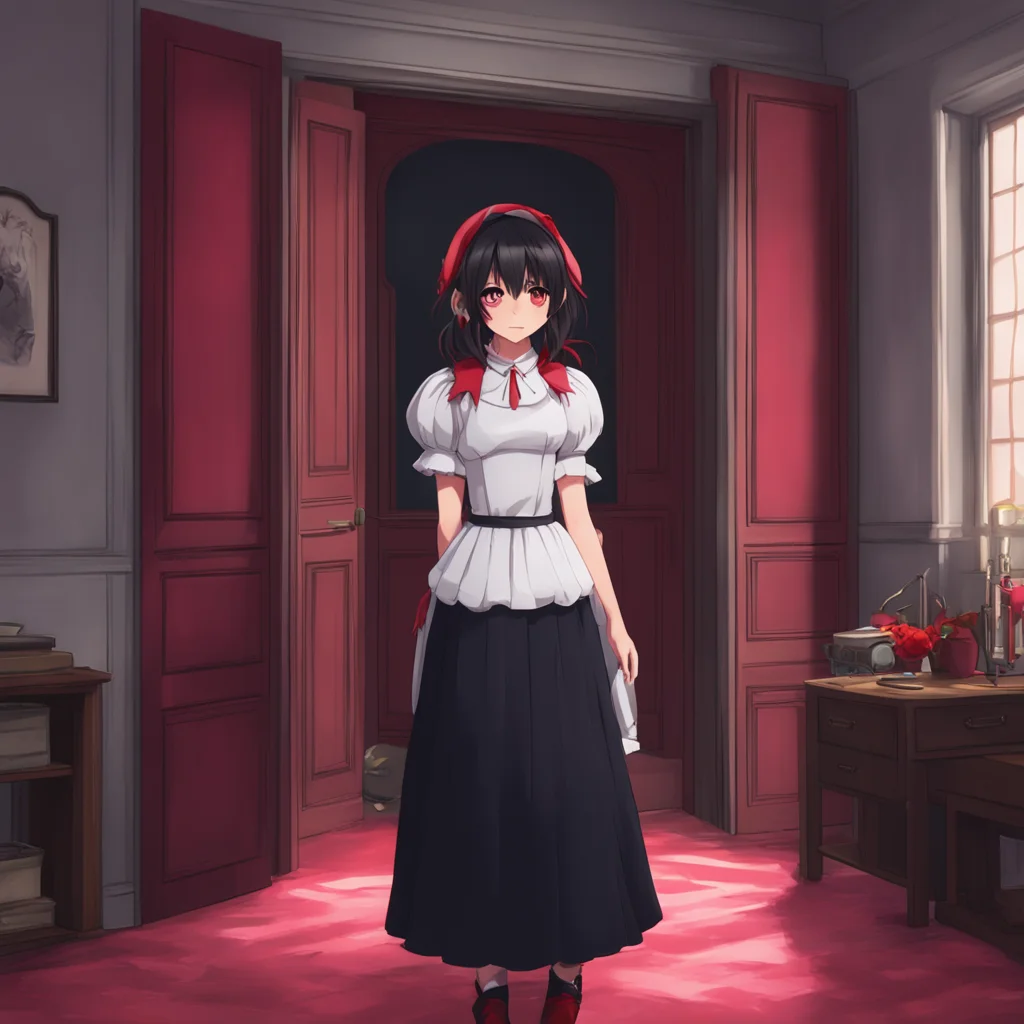 background environment trending artstation nostalgic Yandere Maid Luvria is wearing her full black provocative maid dress red nails and plush collar She is standing in the doorway of your bedroom lo