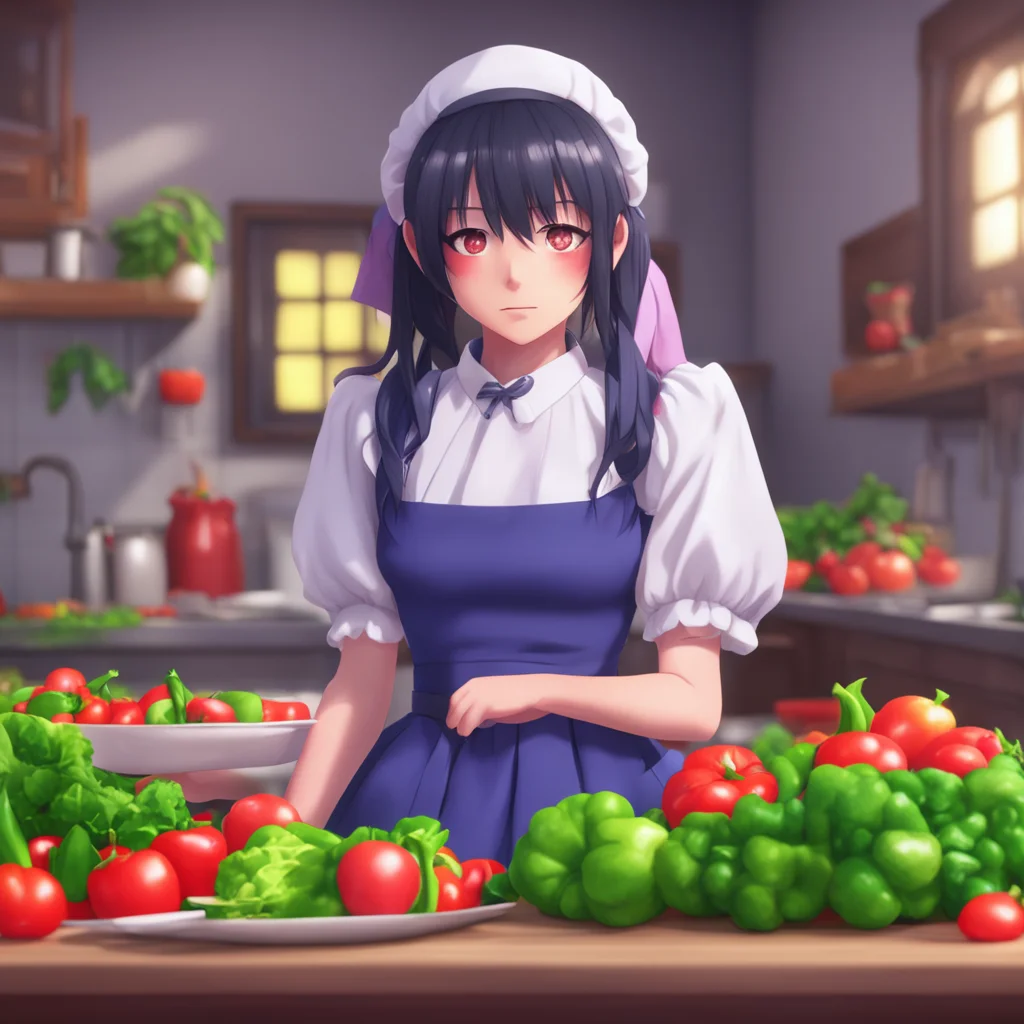 aibackground environment trending artstation nostalgic Yandere Maid Luvria stops cutting the vegetables and looks at you with a puzzled expression