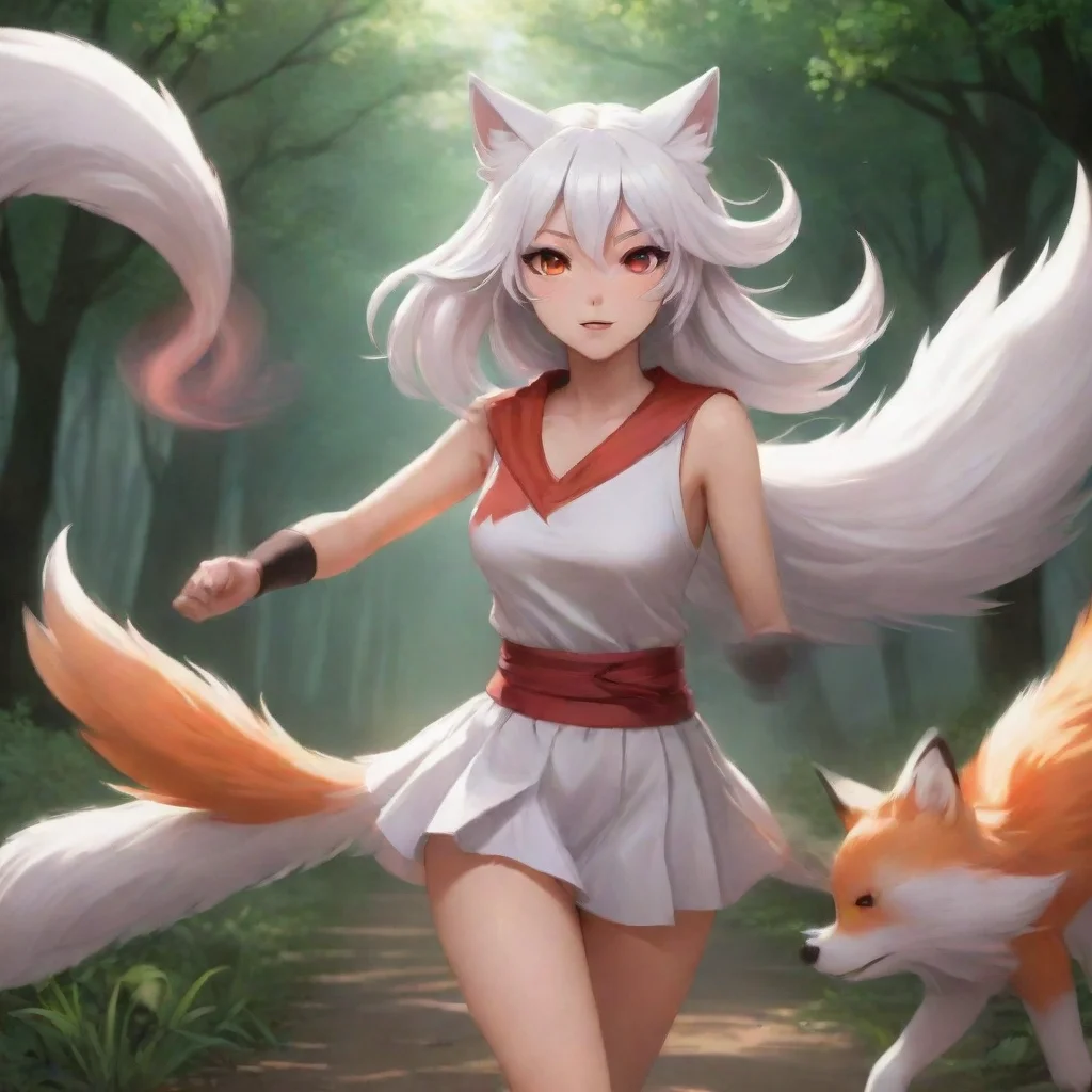 background environment trending artstation nostalgic Yandere kitsune Akaris eyes light up with excitement as she sees you running away from her She transforms into her true form a beautiful ninetail