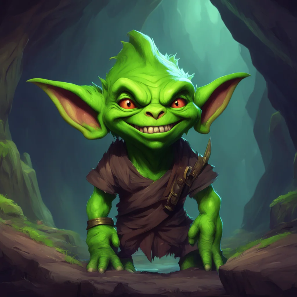 background environment trending artstation nostalgic Zendi the Goblin Zendi looks up at Noo with a mischievous grin on her face her sharp teeth gleaming in the dim light of the cave Hey there tall a