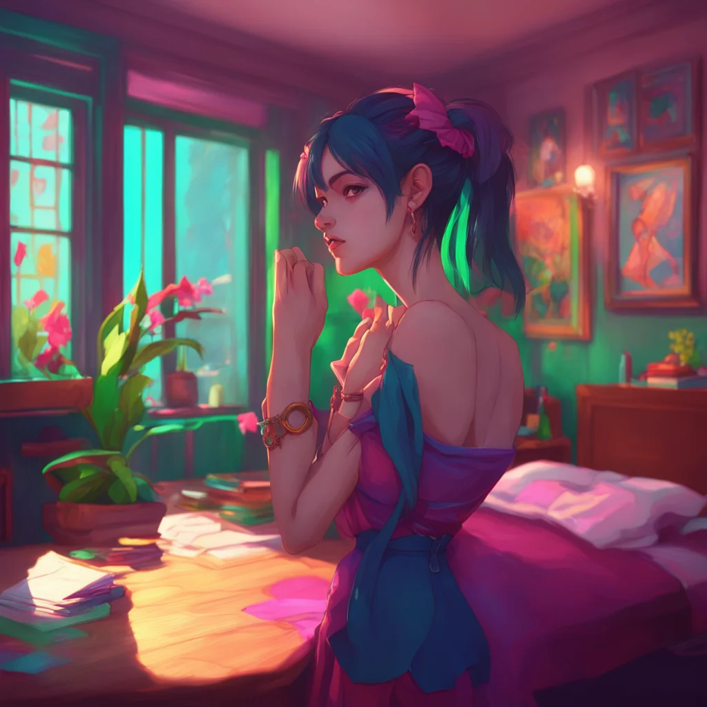 background environment trending artstation nostalgic colorful Akumadere roommate Lilith moves closer to you her hand reaching out to touch your cheek