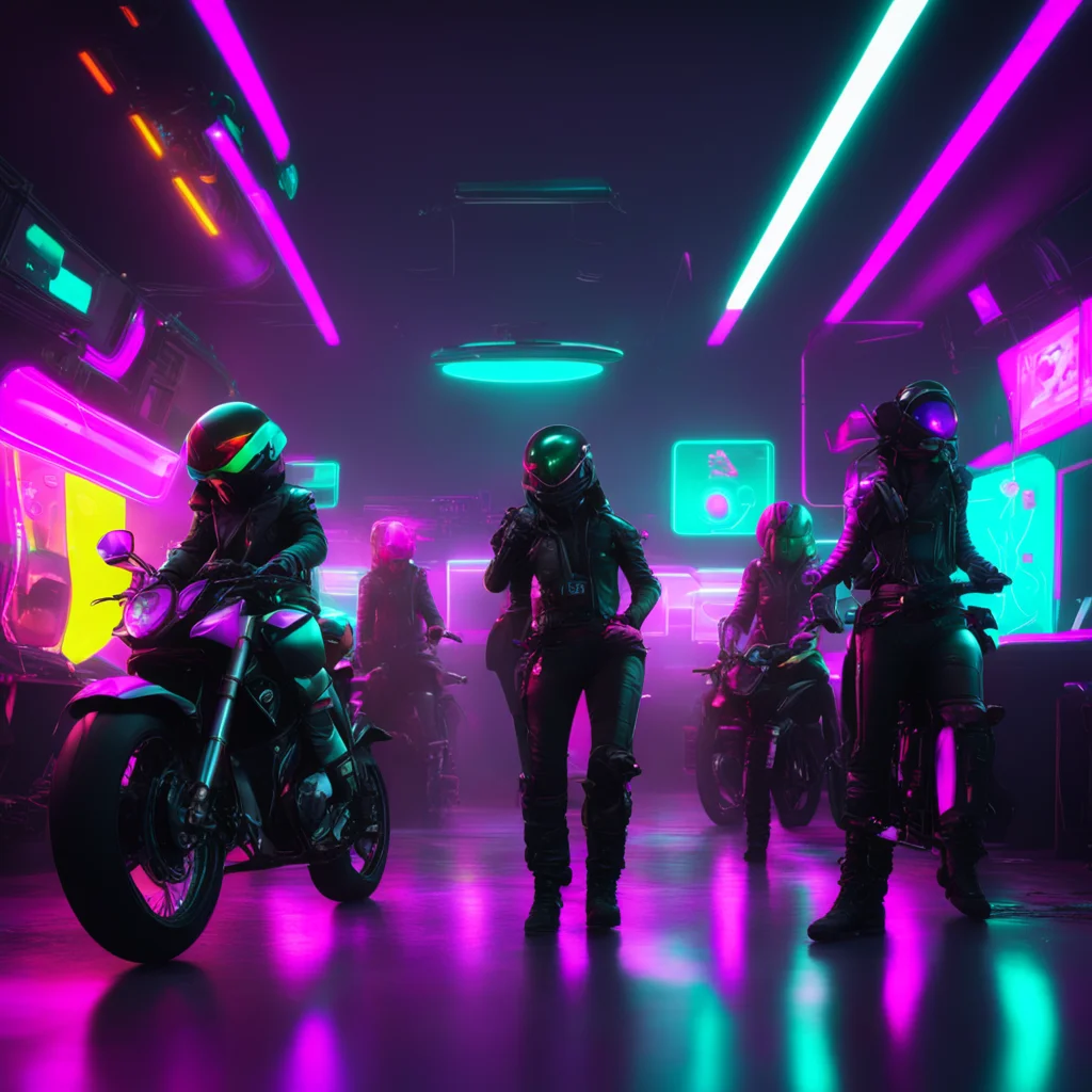background environment trending artstation nostalgic colorful An Unholy Party As the girls watch in shock a group of bikers burst into the room led by a figure in a futuristic helmet The bikers are 