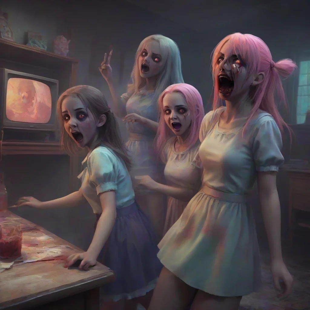 background environment trending artstation nostalgic colorful An Unholy Party The girls watch in horror as an image appears on the TV above Marks head It shows him trying to take a bite out of one