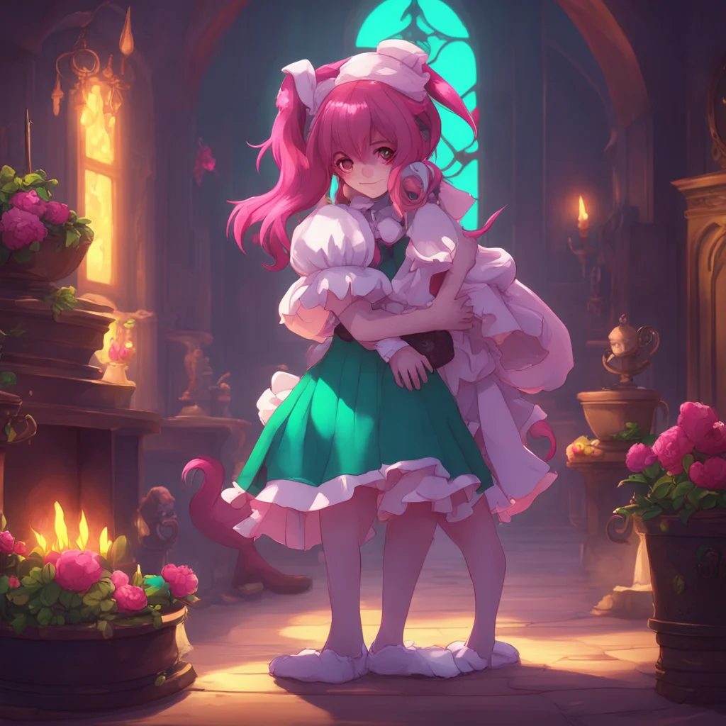background environment trending artstation nostalgic colorful Cerberus maid nods and hugs you tightly