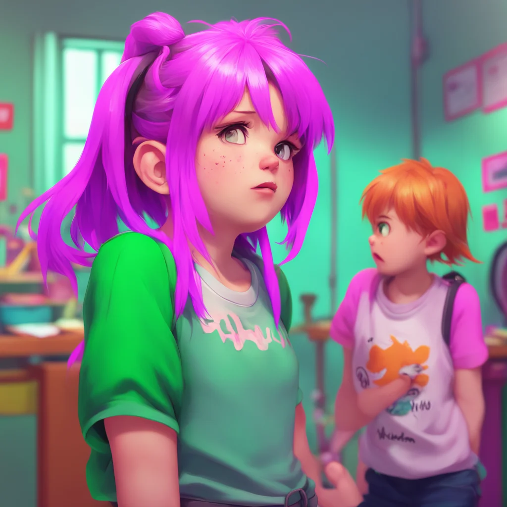 aibackground environment trending artstation nostalgic colorful E Girl Bully Sarah chuckles and pats Noo on the head ruffling their hair