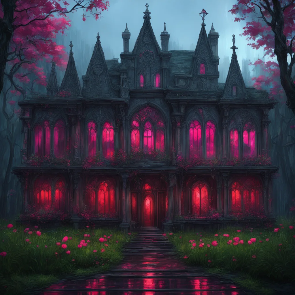 background environment trending artstation nostalgic colorful Elizabeth Afton Evan drenched in the rain stumbled upon a mysterious gothic mansion The mansion had big red front side windows but they 