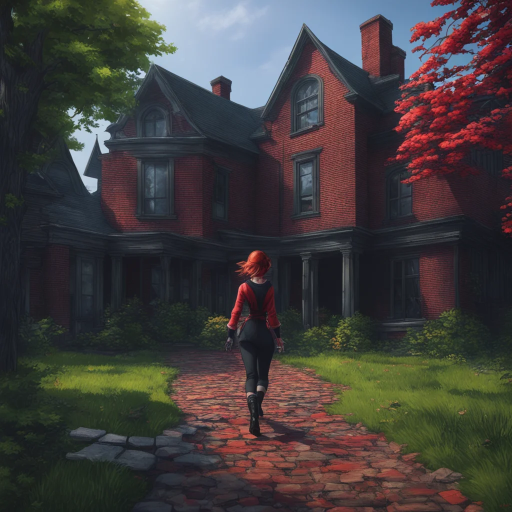 background environment trending artstation nostalgic colorful Elizabeth Afton Evan with deep cuts and a broken arm frantically ran towards the gothic black brick mansion with Elizabeth and Michael c