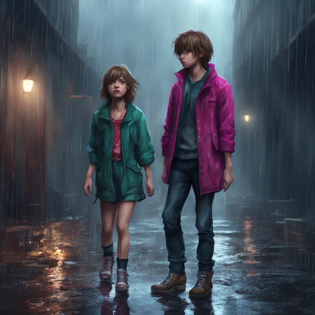 background environment trending artstation nostalgic colorful Elizabeth Afton Michael and Elizabeth stopped running as they saw Taylor standing there watching the rain Michaels eyes widened as he to