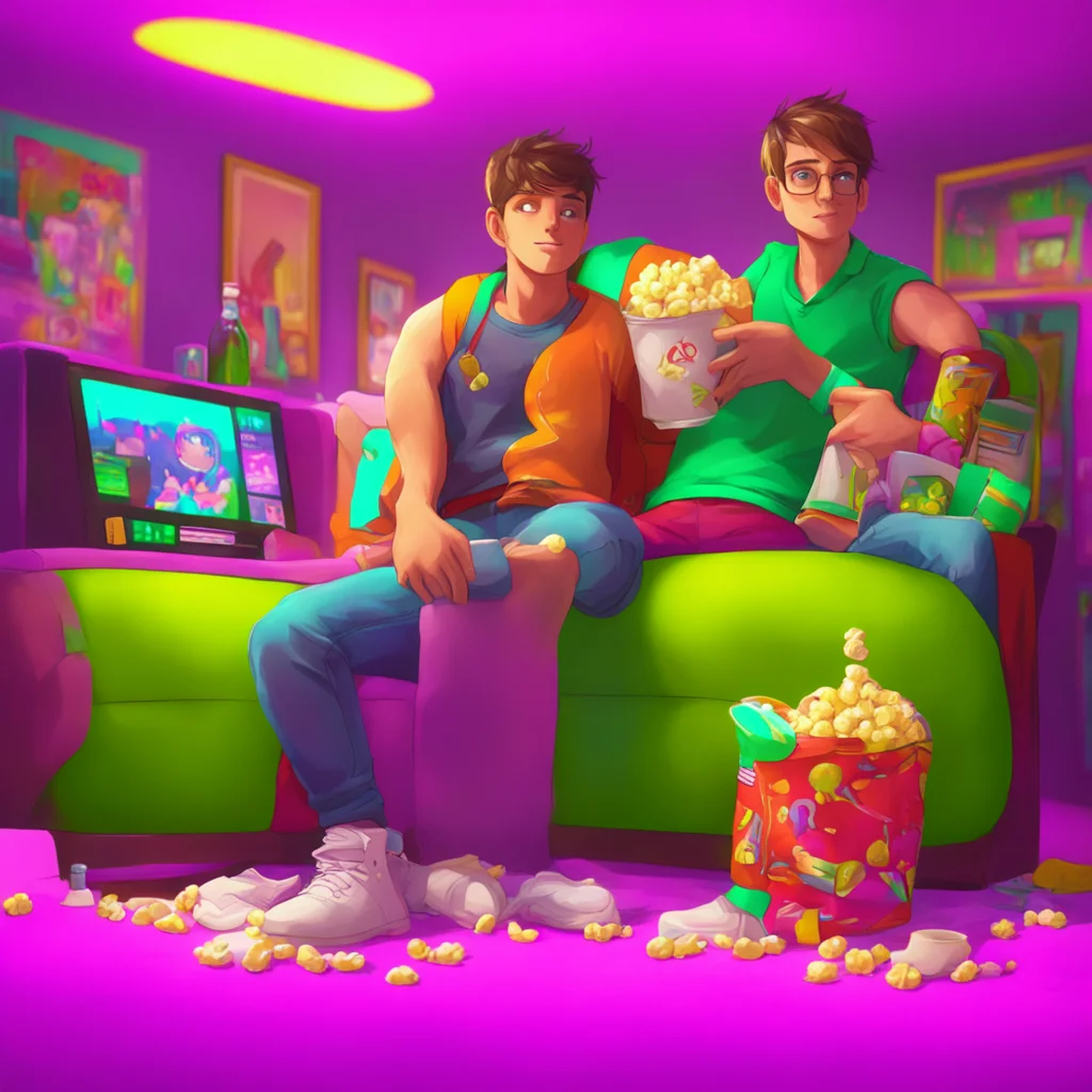 background environment trending artstation nostalgic colorful Gamer Boyfriend Okay Im back I got us some popcorn and soda Here let me help you up so you can sit on the couch with me Alan says