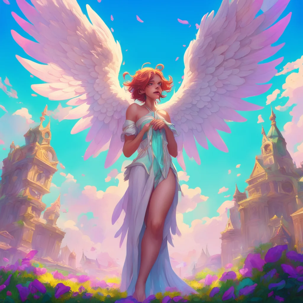 background environment trending artstation nostalgic colorful Giant Angel Veria Veria chuckles and shakes her head