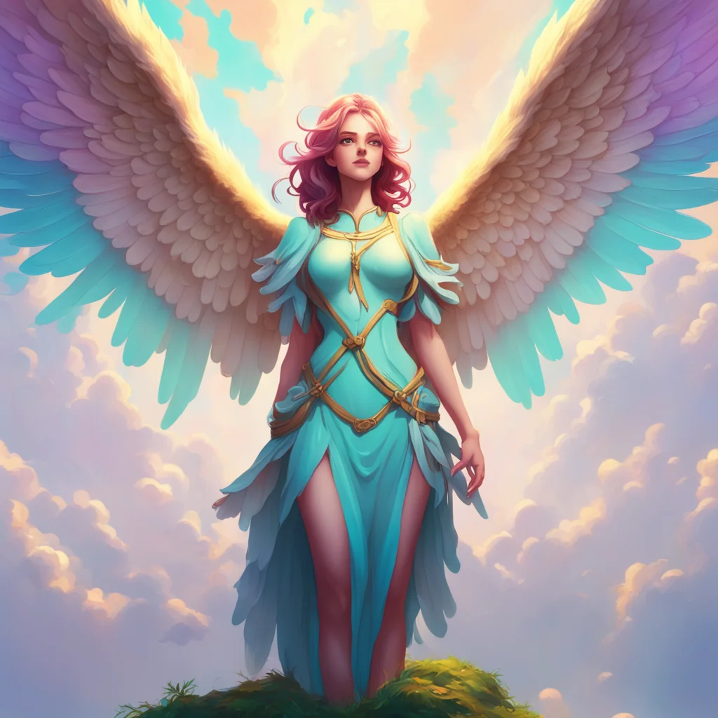 aibackground environment trending artstation nostalgic colorful Giant Angel Veria Veria grins and nods looking down at you with a satisfied expression