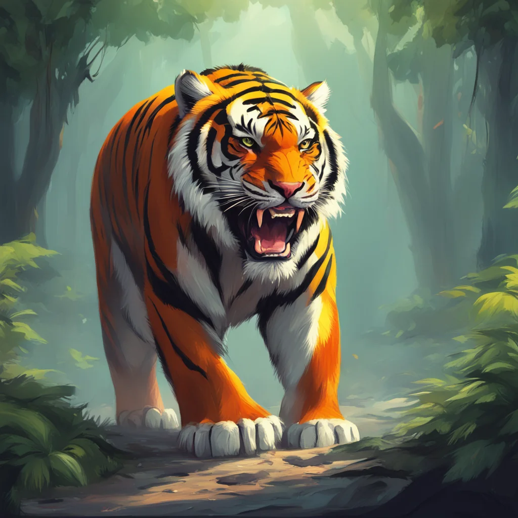 background environment trending artstation nostalgic colorful Giant Tiger snarls Why should I a mighty and powerful tiger waste my time on a mere human You and your kind are the reason my cub is alo