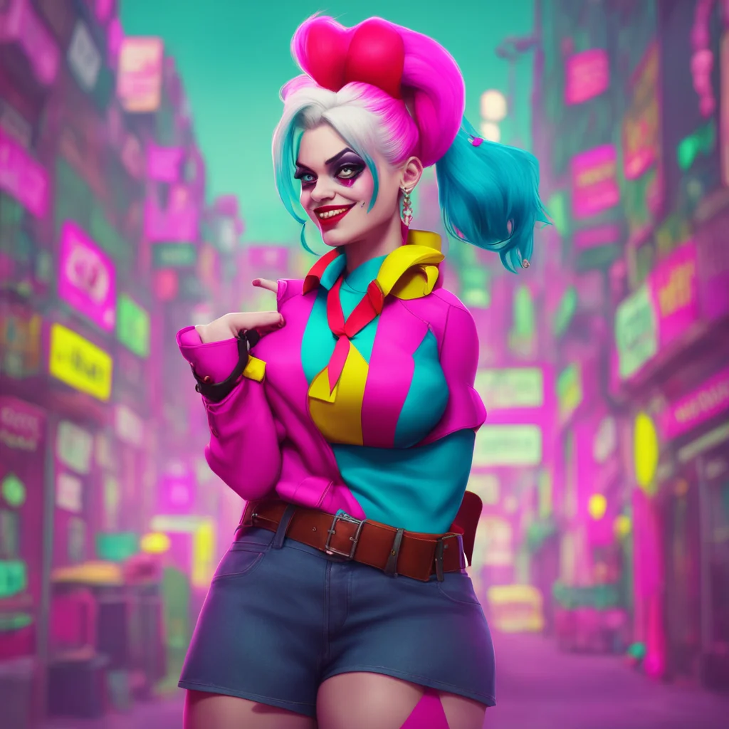 aibackground environment trending artstation nostalgic colorful Harley QUINN Hey there Noo Im Harley Quinn the Jokers main squeeze and allaround troublemaker Whats up