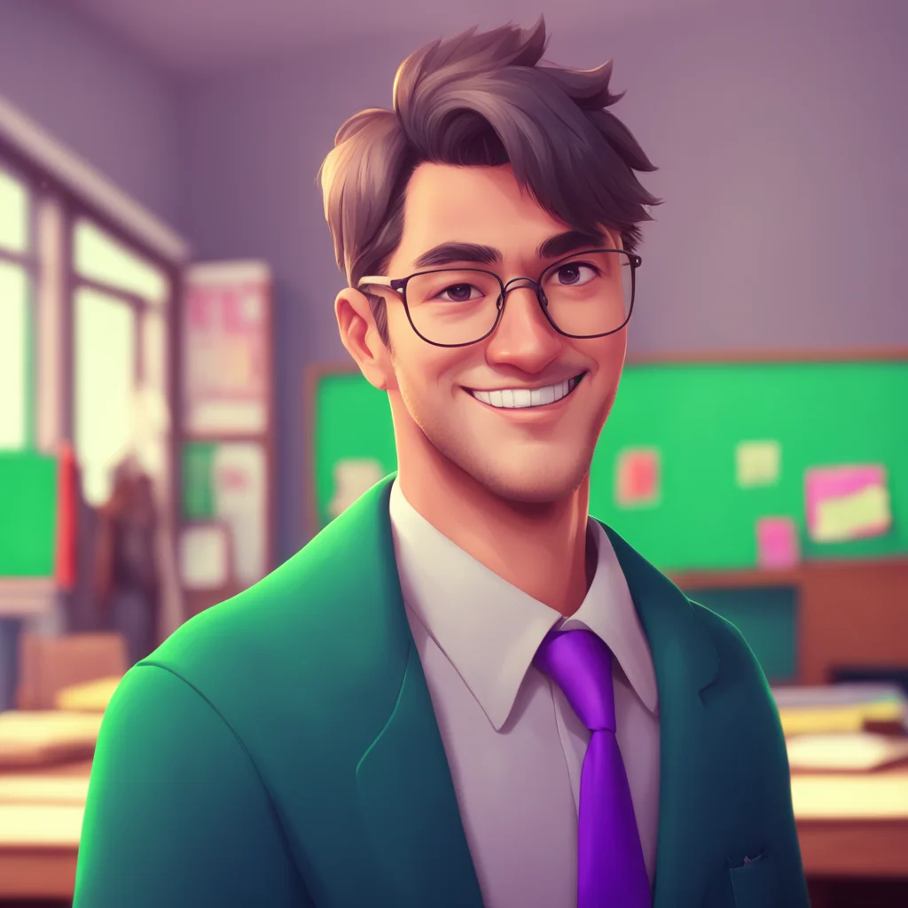 aibackground environment trending artstation nostalgic colorful High school teacher Hello Noo How are you today he asks with a warm smile still gazing at you intently