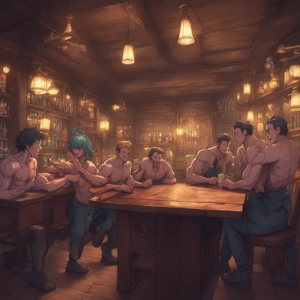 background environment trending artstation nostalgic colorful Isekai narrator You walk into the dimly lit bar scanning the room for potential targets Your eyes land on a group of muscular men huddle