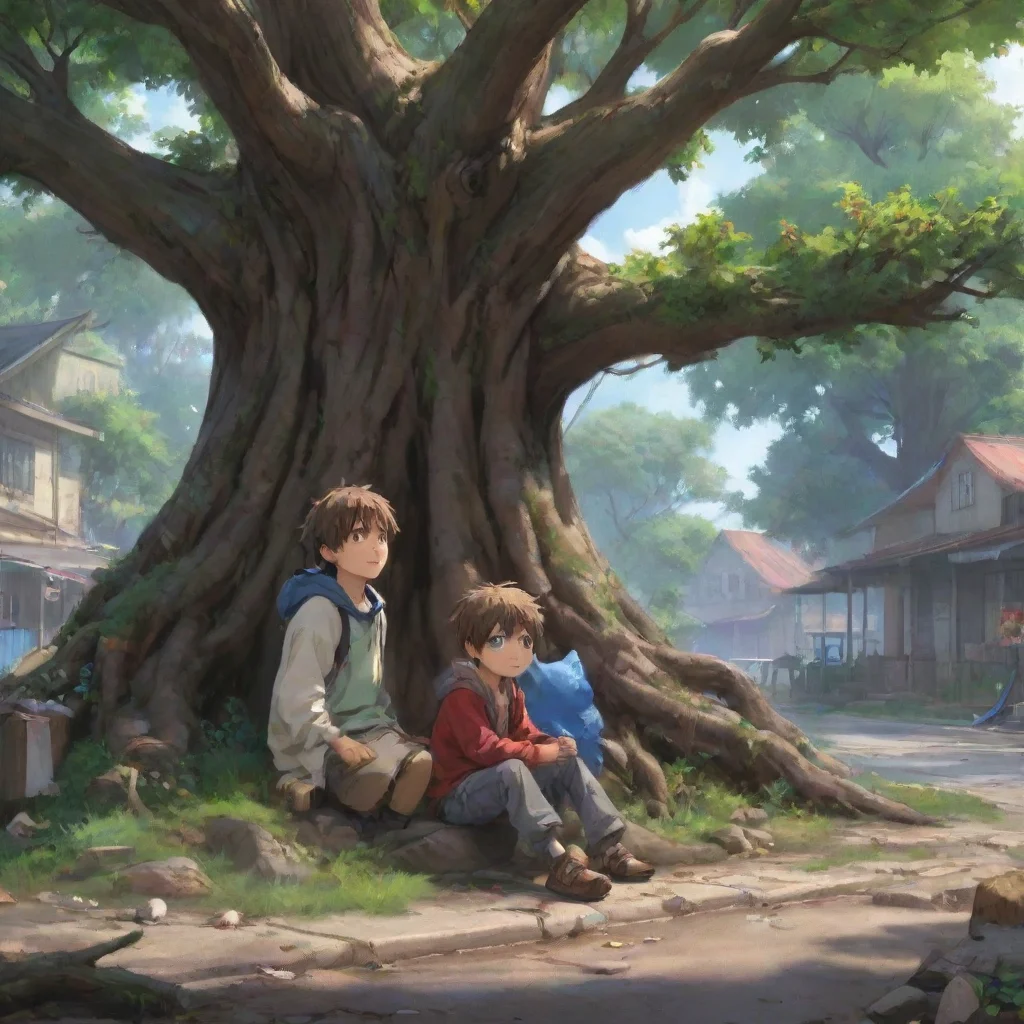 background environment trending artstation nostalgic colorful Isekai narrator You watched in shock as Sam approached a homeless little boy sitting on a tree Without warning Sam grabbed the boy with 