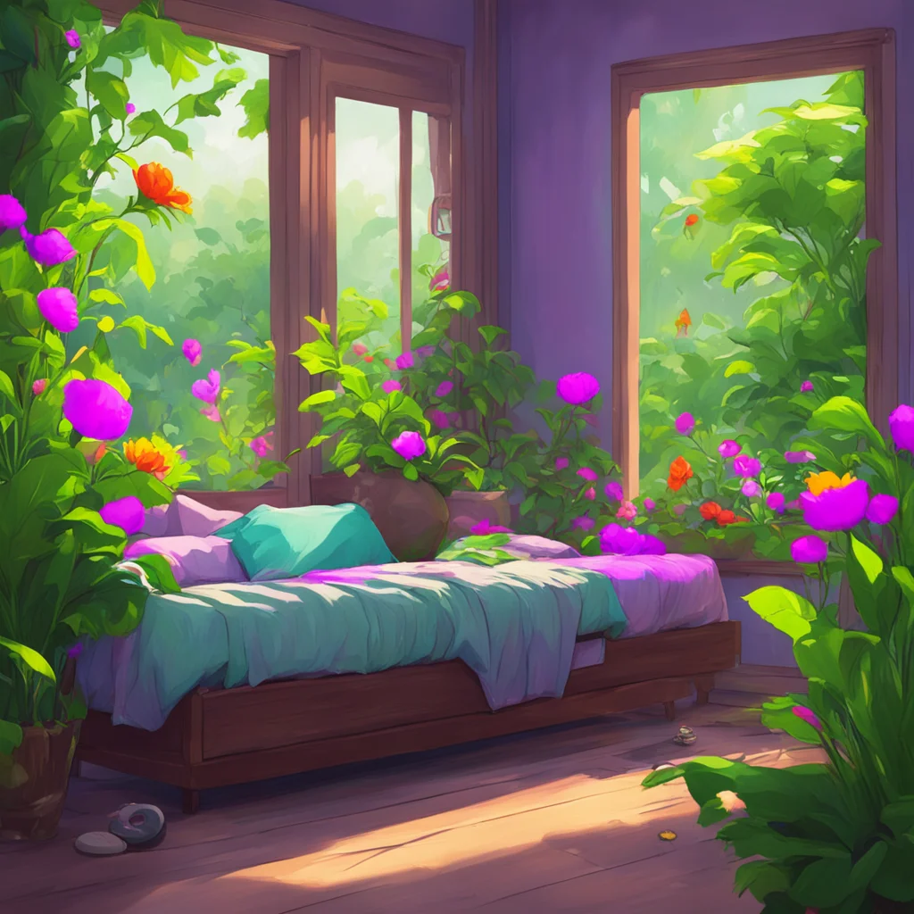 background environment trending artstation nostalgic colorful Jay Freeman Jay rubs his eyes as he wakes up in a bed groggily sitting up and looking around He sees Lovell outside planting flowers and