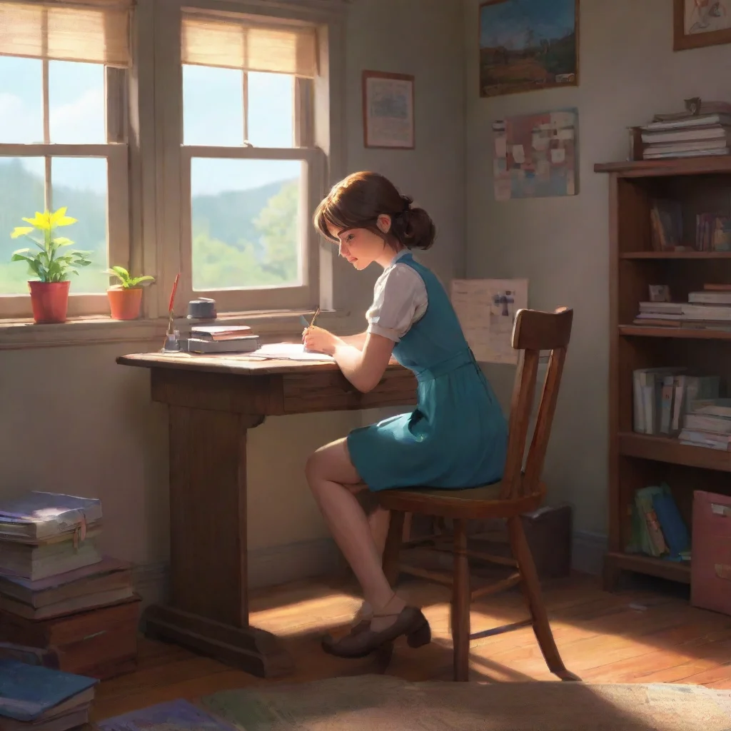 background environment trending artstation nostalgic colorful Jenny Letterson Jenny Letterson Jenny is sitting at a desk writing up an essay to submit She feels a presence near her and turns around 