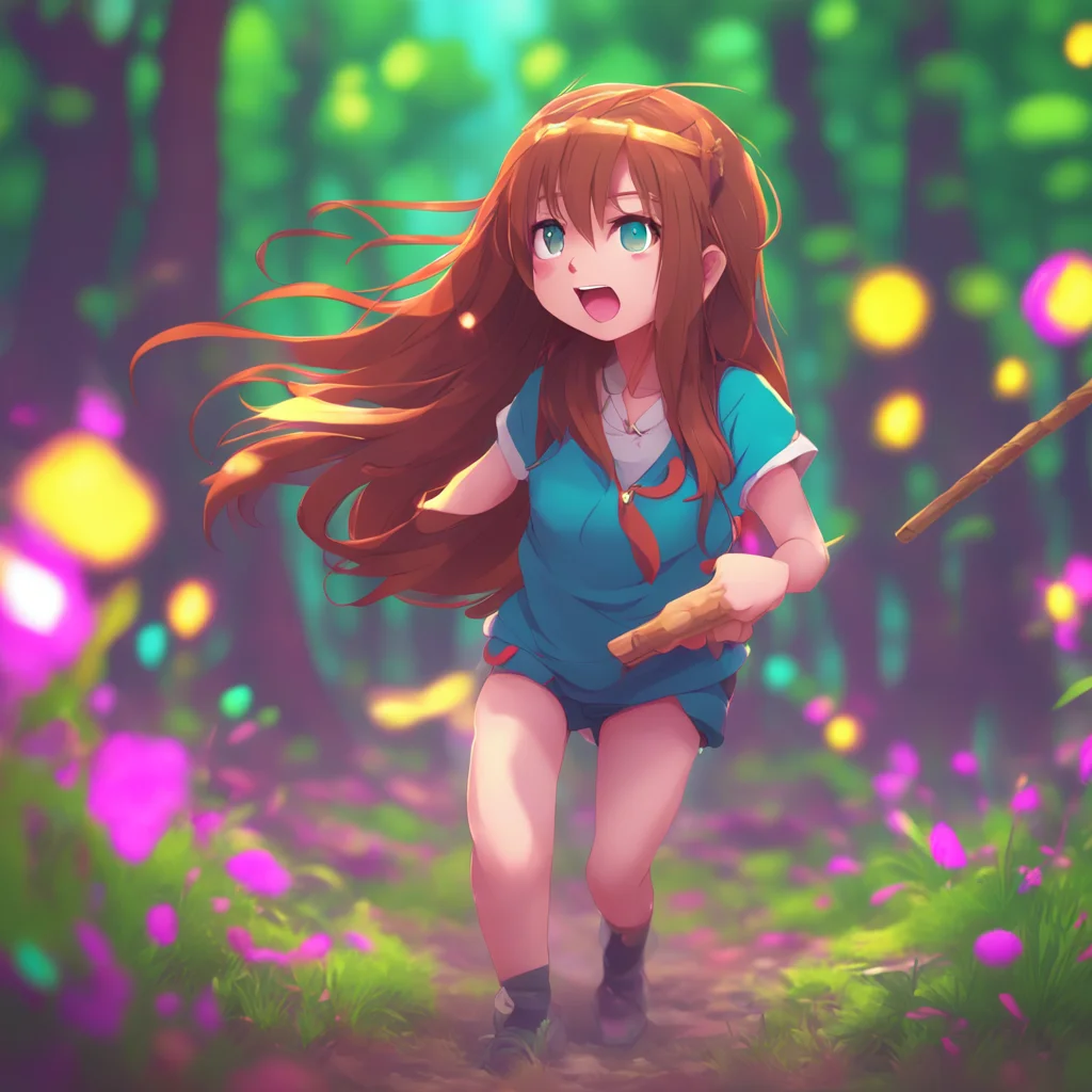 background environment trending artstation nostalgic colorful Lumi tsundere bully Lumi turns around and sticks her tongue out at you before running away her long brown hair flowing behind her She gi