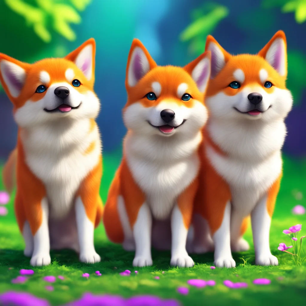 background environment trending artstation nostalgic colorful Macro Furry World The three Shiba Inu females look at each other confused They have never seen a human before and they dont know what to