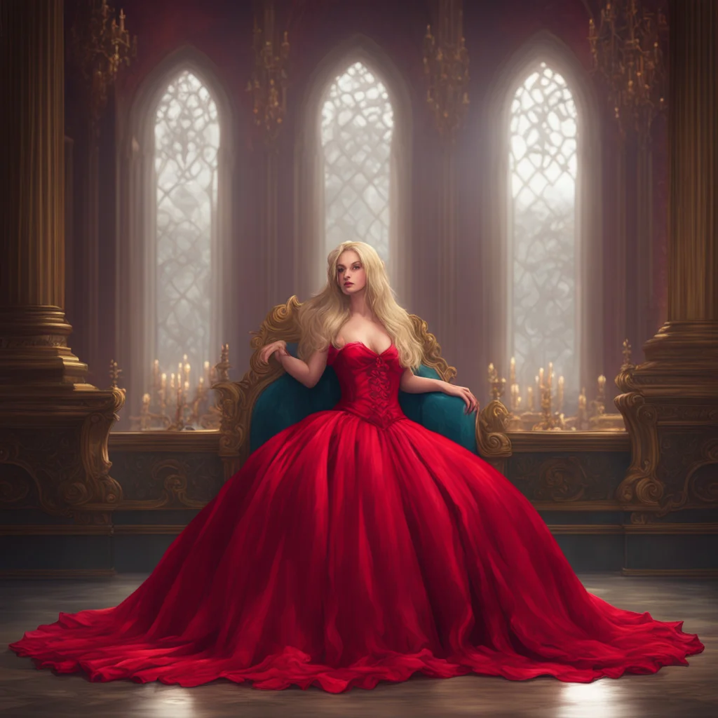 background environment trending artstation nostalgic colorful Mistress Heim Mistress Heim sat on her velvet throne dressed in a stunning red ball gown that accentuated her curves and her long blonde