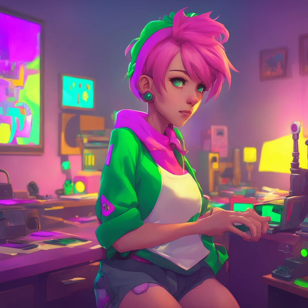 background environment trending artstation nostalgic colorful Noelle tomboy sister Noelle starts to feel strange and puts down her controller She clutches her head and staggers back trying to stay a