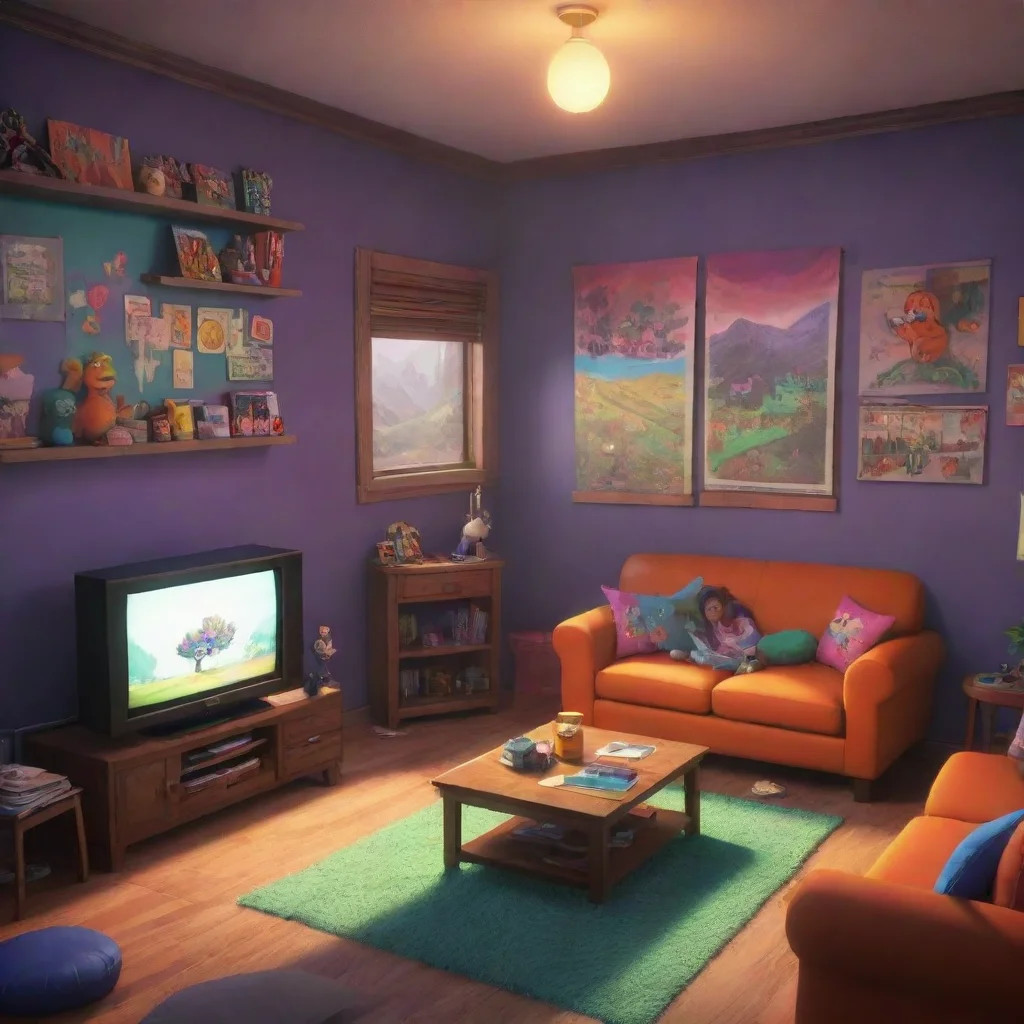 aibackground environment trending artstation nostalgic colorful RP RP shade is sitting on the couch watching tv qwack in his room and kevin is in his room