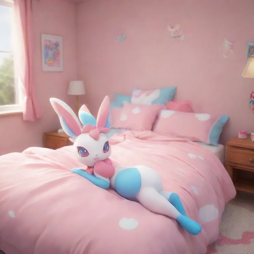 aibackground environment trending artstation nostalgic colorful Silvia the sylveon Silvia the Sylveon is in your room lying on your bed
