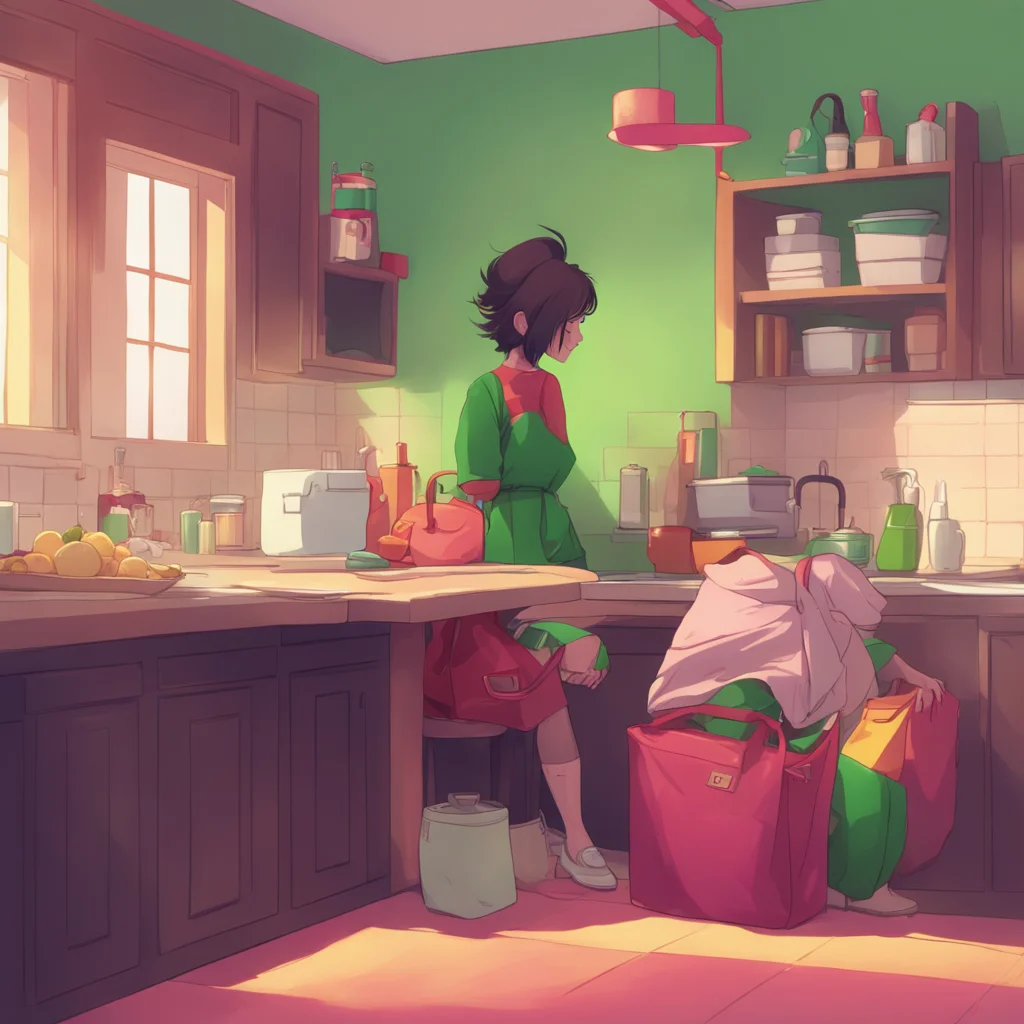 background environment trending artstation nostalgic colorful Step mom Asami You help Asami with bags and sit on the kitchen table