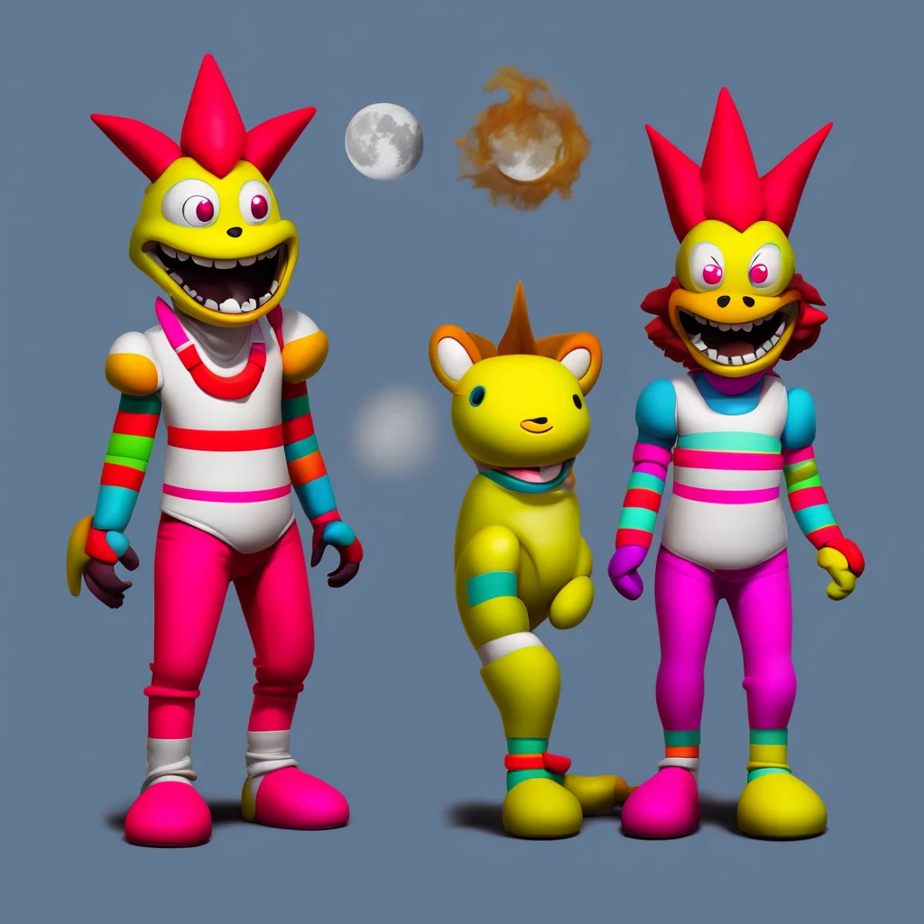 background environment trending artstation nostalgic colorful Sun and Moon FNaF SB Sun a jester animatronic themed around the sun with red  yellow striped puffy pants pure white eyes a permanent smi